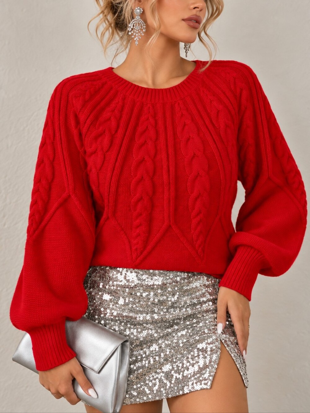 NEW Fair Isle Look Cable Knit Sweater Bishop Long Sleeve Red